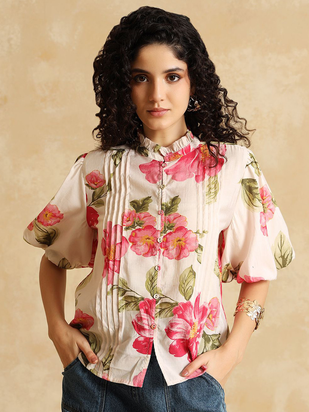 Kazo Women Floral Print Elena Blouse Puff Sleeve Blouson Top