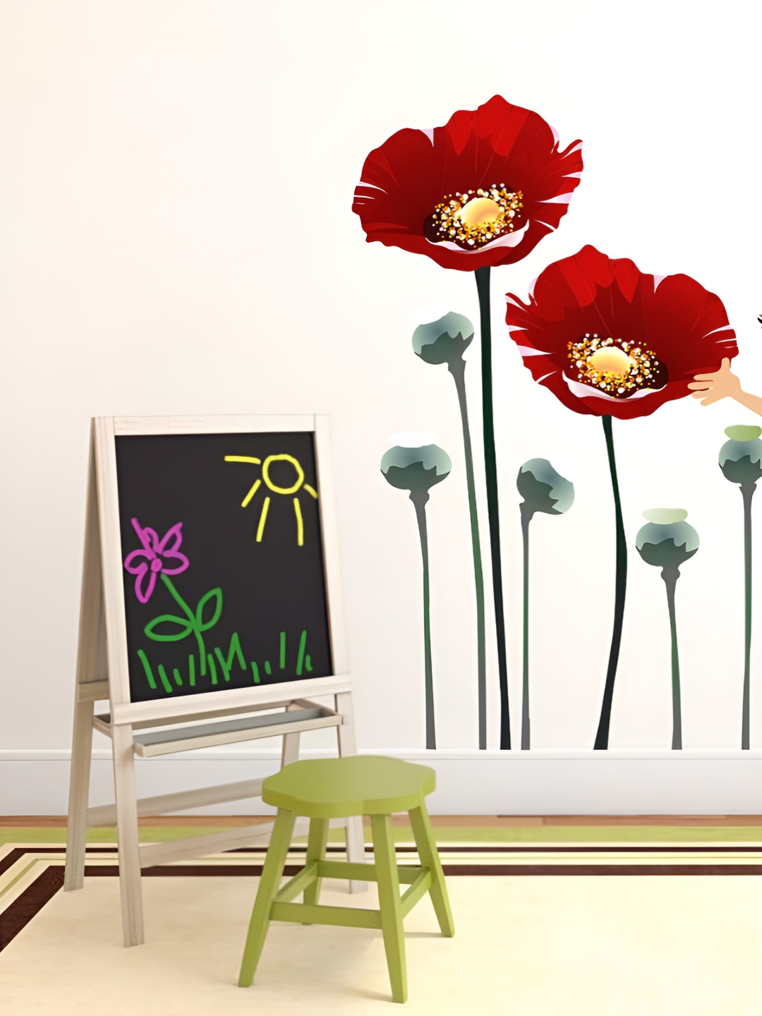 LANSTICK Red & Grey Girl With Big Flower Printed Self-Adhesive WallStickers