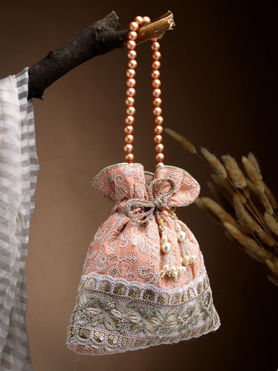 Anekaant Dangle Peach Parfait & Golden Floral Embroidered Faux Silk Potli