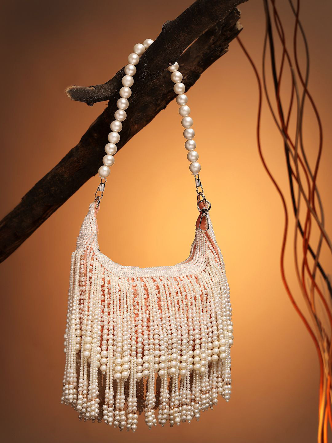 Anekaant Droop Coral & Pearl White Pearl Embellished Velvet Clutch