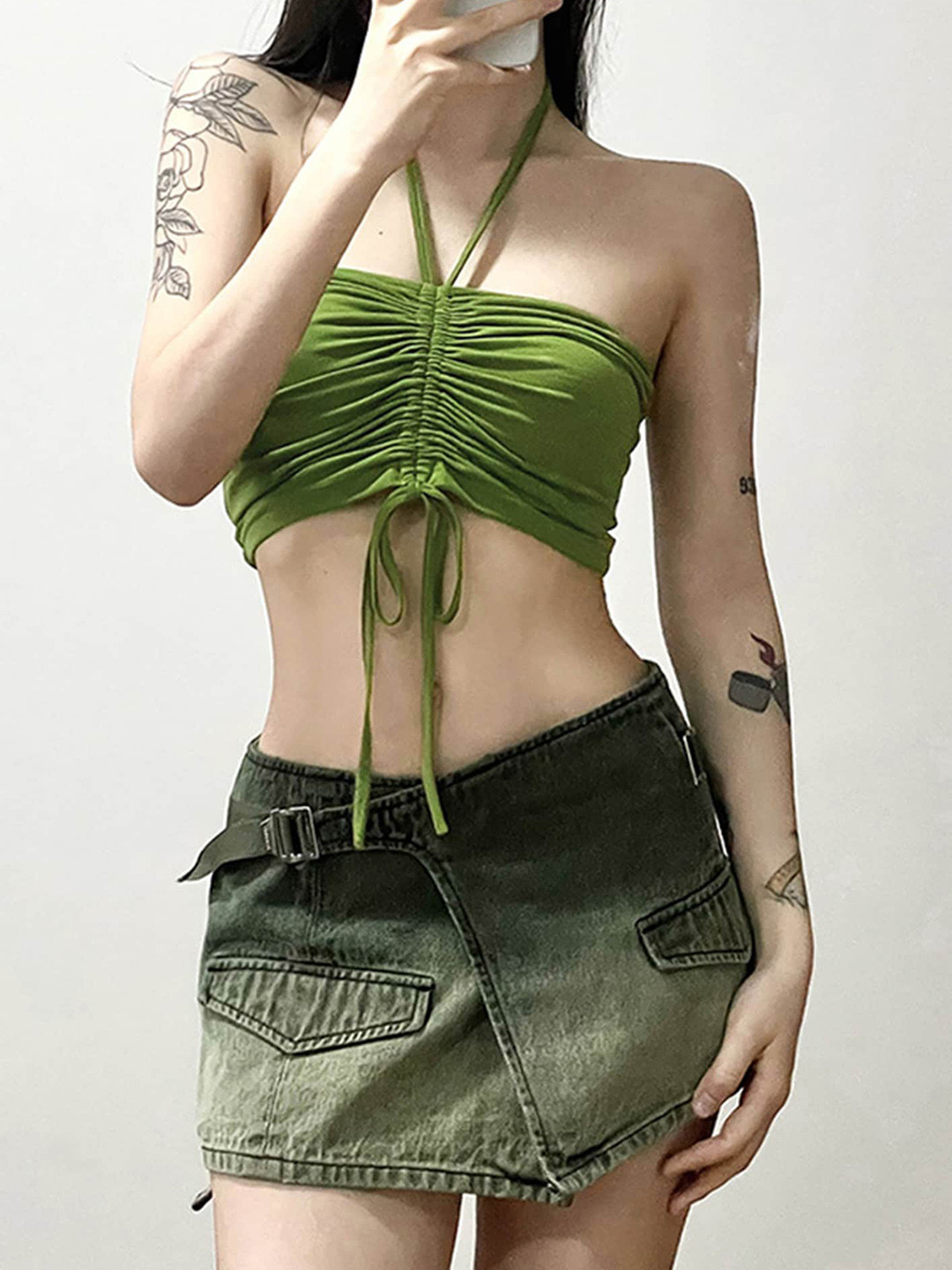 LULU & SKY Halter Neck Ruched Crop Top With Mini Skirts