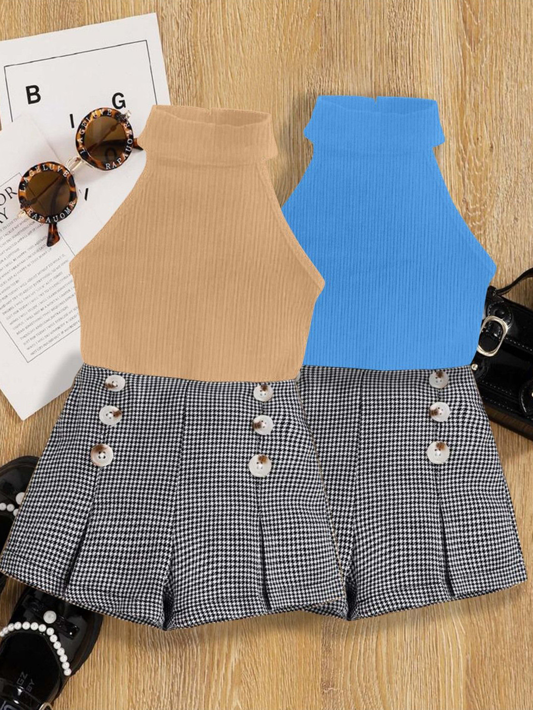 DEL LUNA Girls Set Of 2 Sleeveless Top And Checked Shorts Co-ords