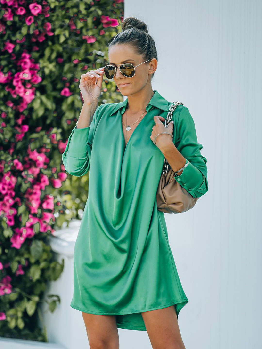 StyleCast Green Shirt Collar Long Sleeve Shirt Dress
