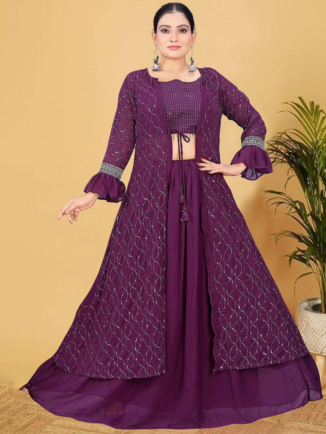 GRISHU COLLECTION Heavy Sequence Embroidered Top With Skirt & Shrug Co-Ords