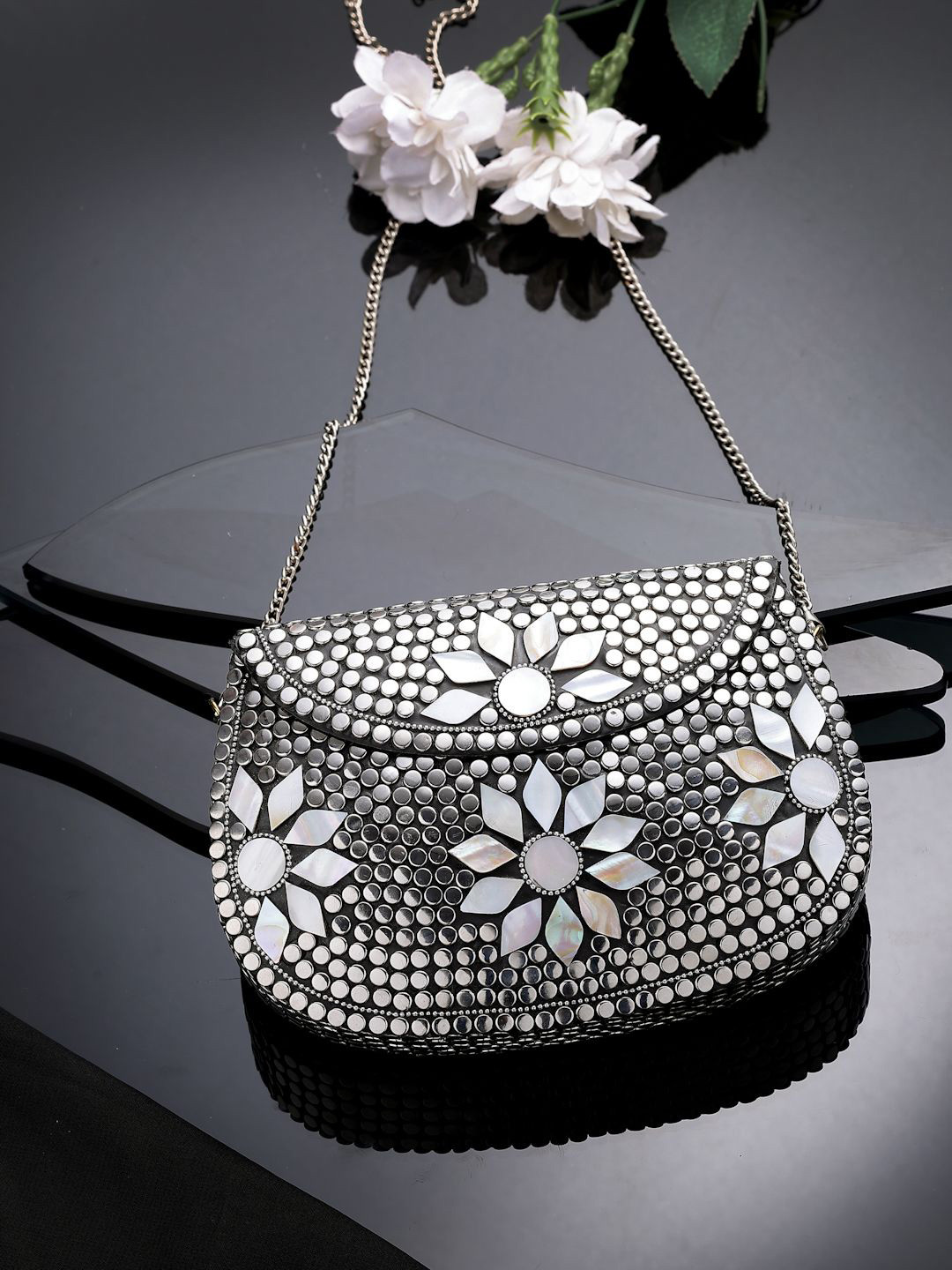 Anekaant Mosaic Silver & Pearl Mosaic Embellished Metal Clutch