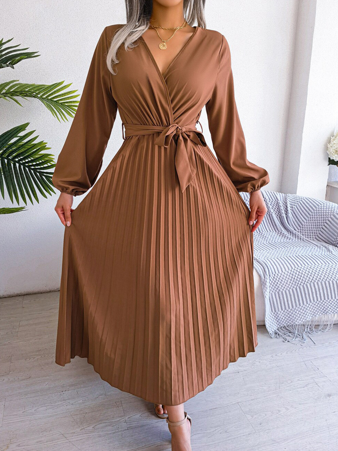 StyleCast Brown V-Neck Accordion Pleat Chiffon Maxi Dress