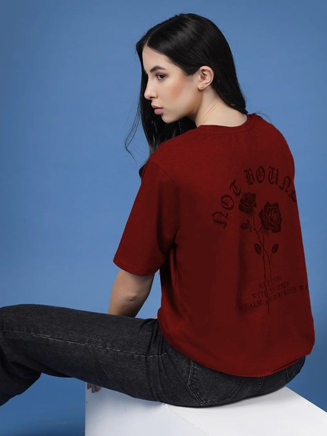 Maroon Typography Printed Relaxed Fit Cotton T-shirt