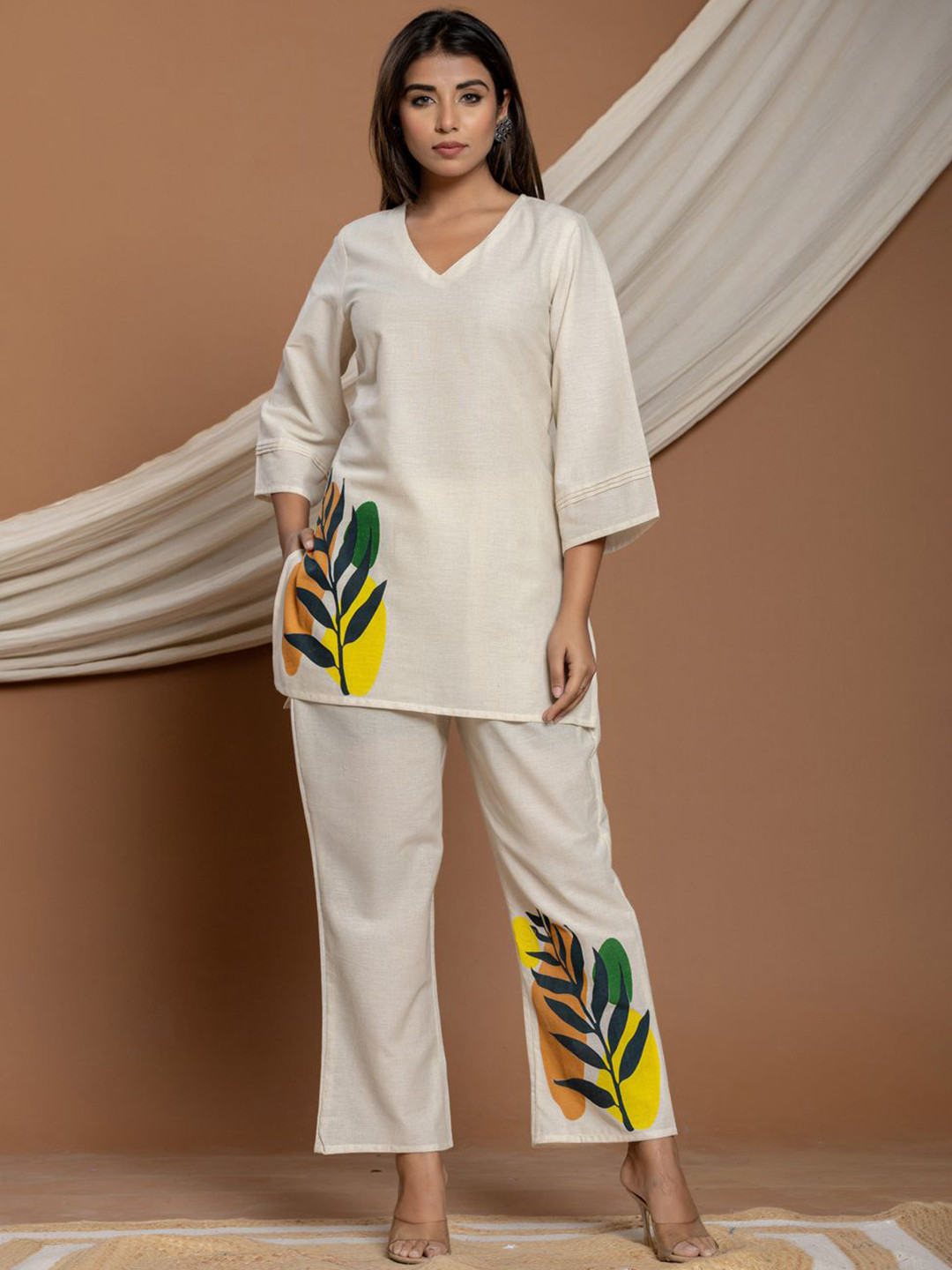 CUSTARD Off White Printed Cotton V-Neck Tunic With Trousers Co-ord Set for Women