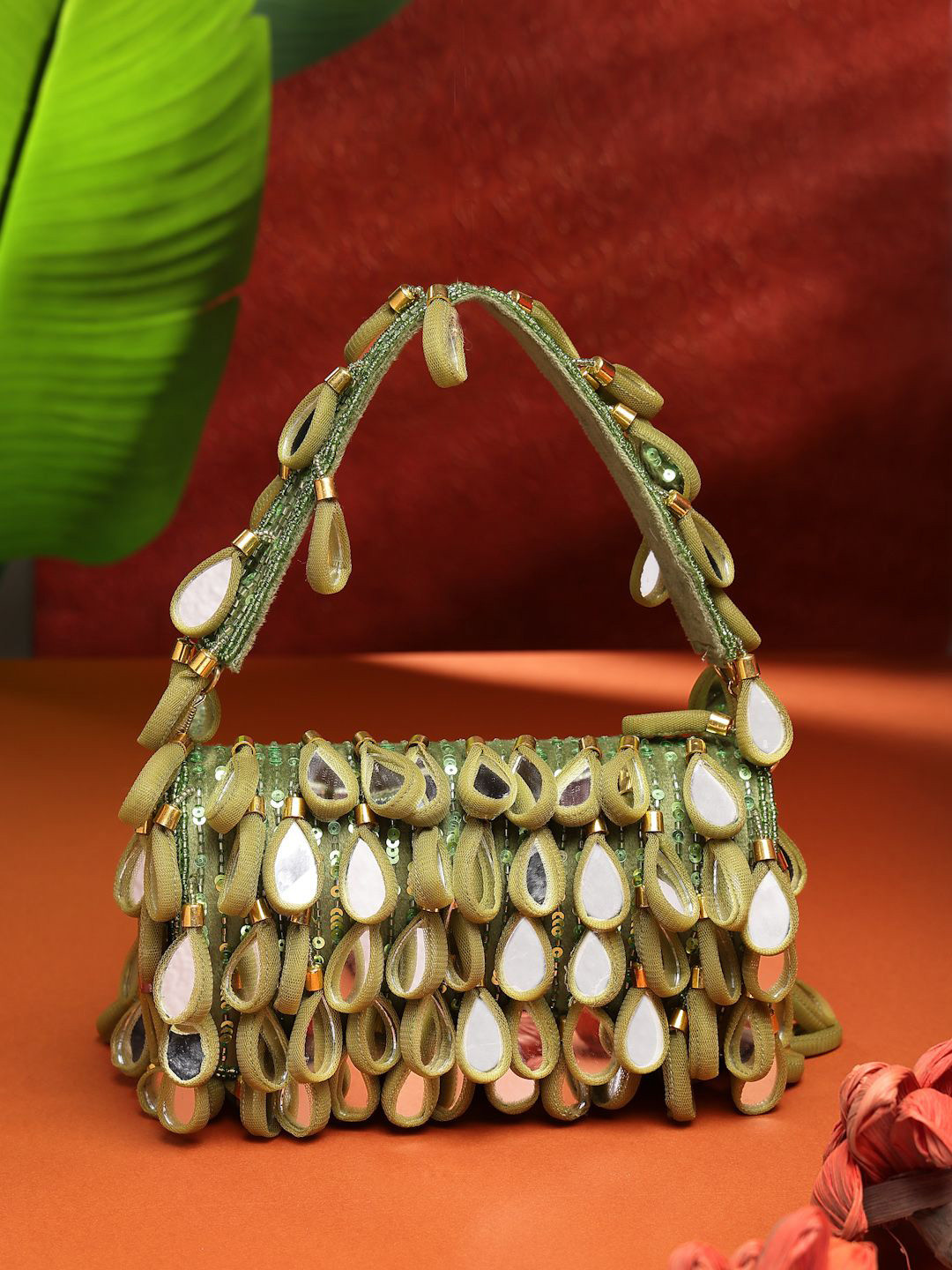 Anekaant Tipify Olive Green & Gold Mirror Work Embellished Fabric Clutch