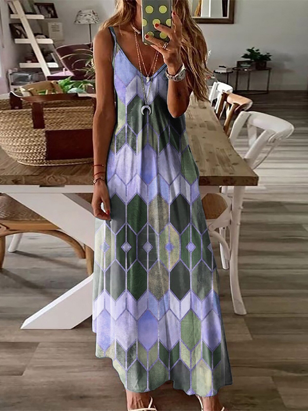 StyleCast Purple & Grey Geometric Printed A-Line Maxi Dress