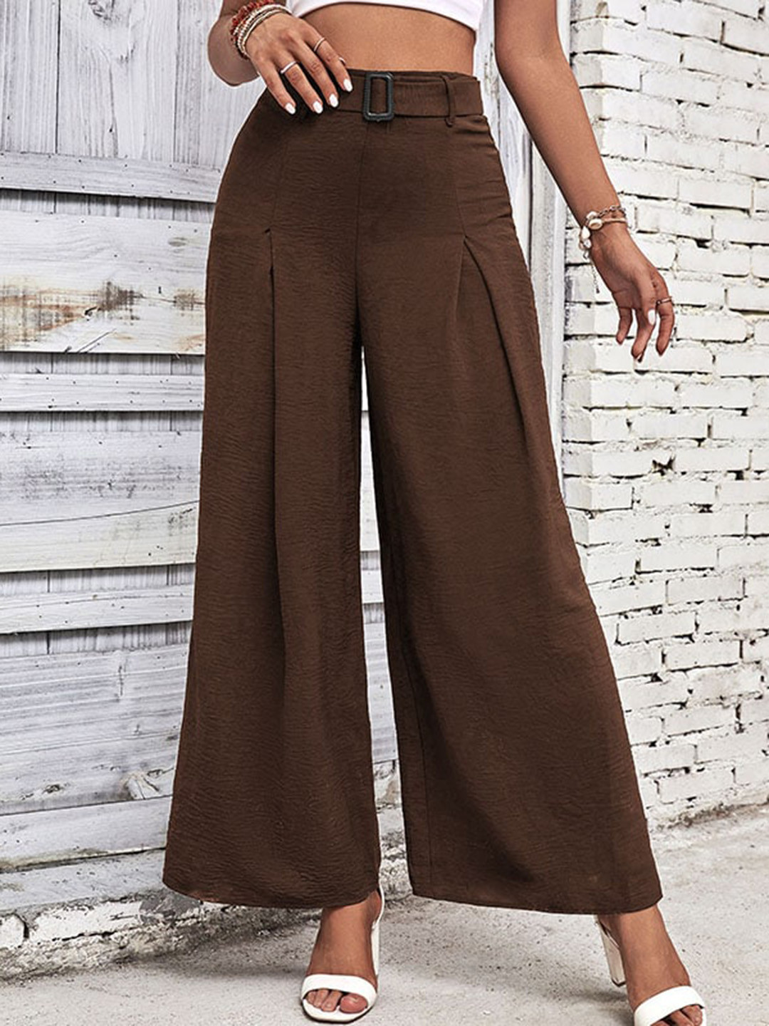 StyleCast Women Coffee Brown Loose Fit High-Rise Pleated Plain Trousers