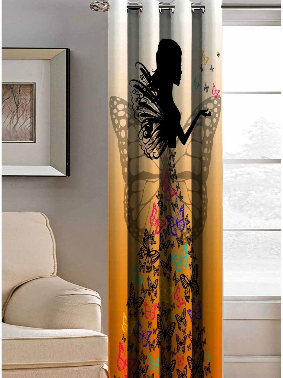 Aura Black & Pink Girls With Butterfly Printed Light Blocking Door Curtain