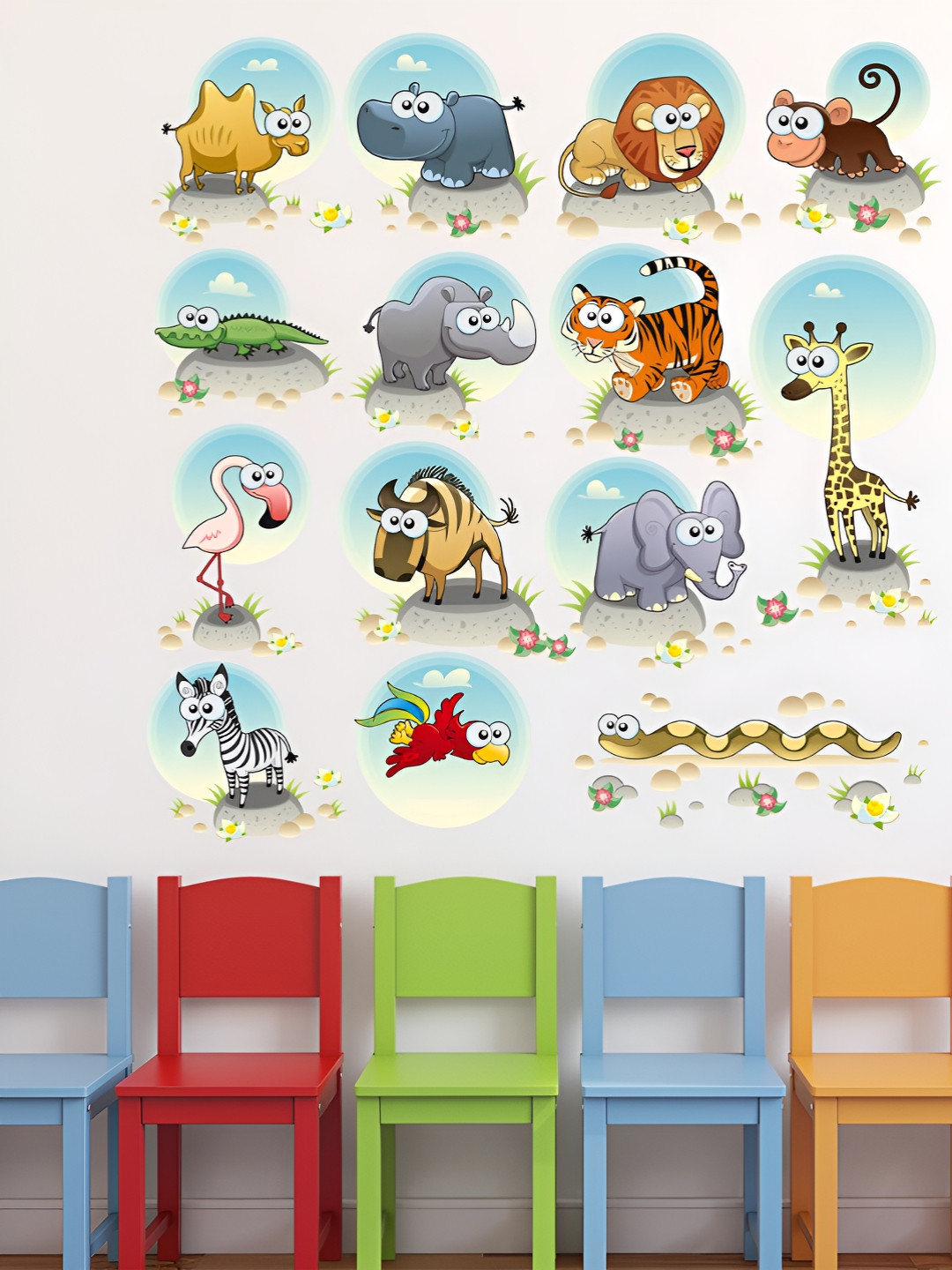 LANSTICK Blue & Grey Wlid Animals Printed Self-Adhesive WallStickers