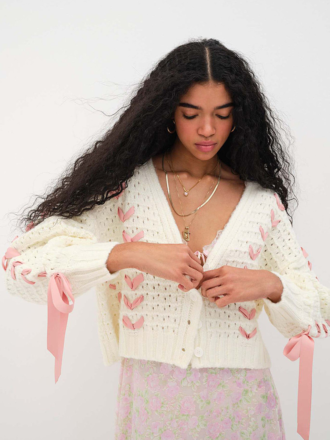 LULU & SKY Women Open Knit Self Design V-Neck Cardigan Sweater