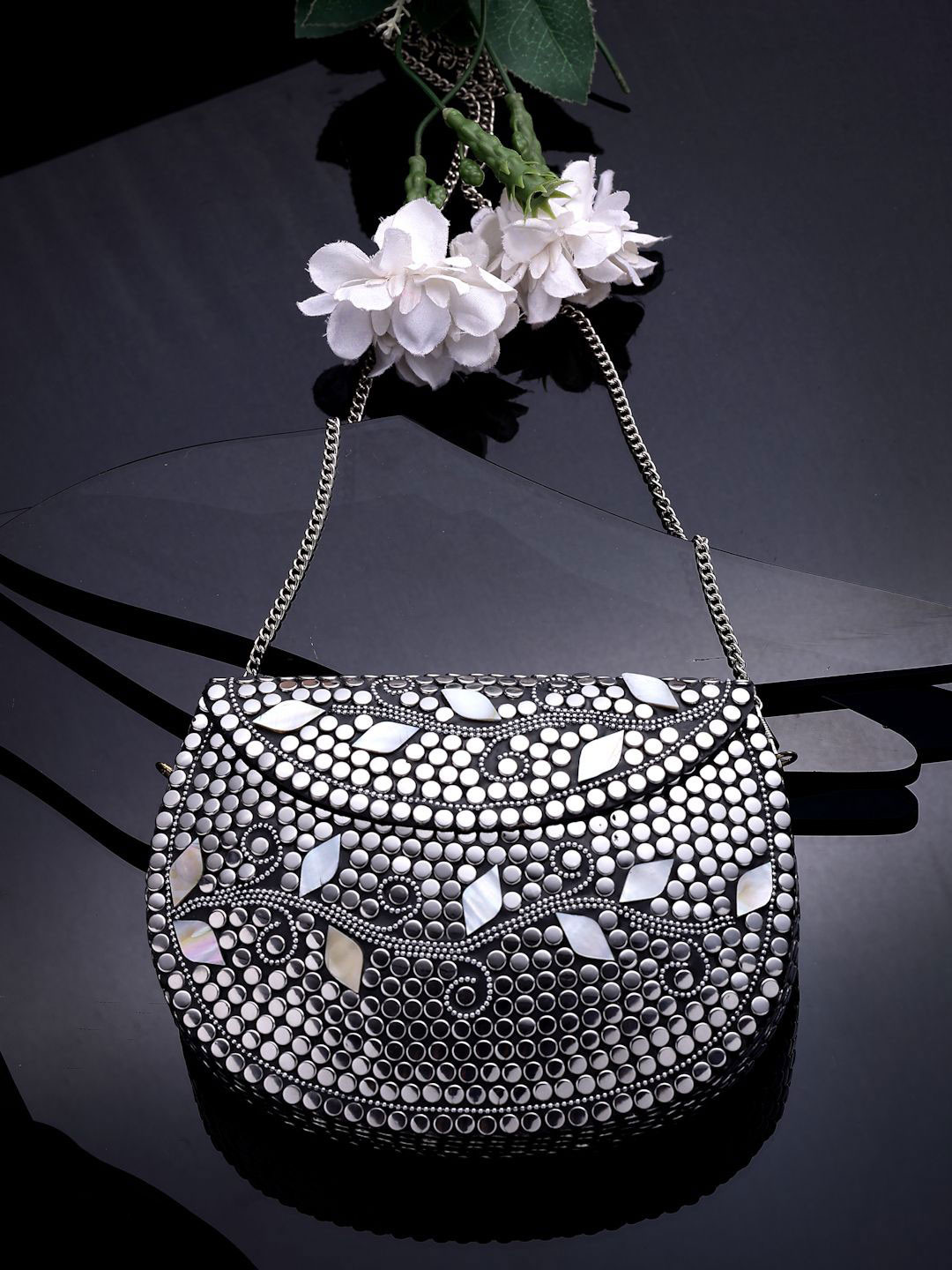 Anekaant Mosaic Silver & Pearl Mosaic Embellished Metal Clutch