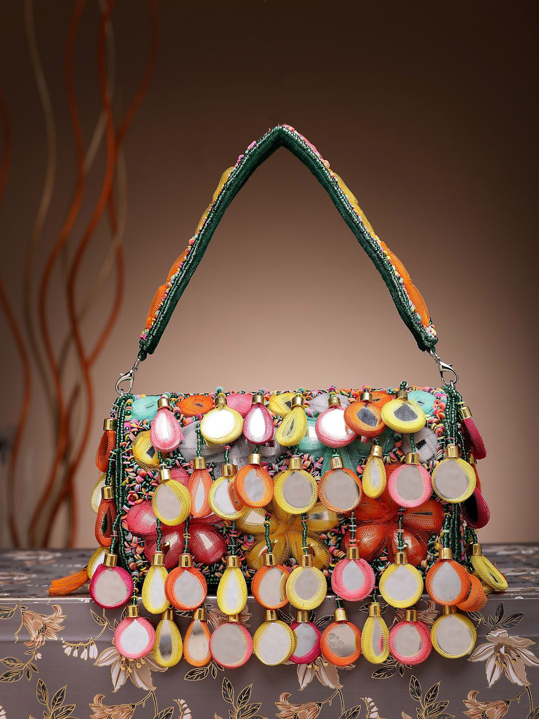 Anekaant Tipify Emerald Green & Multi Mirror Work Embellished Velvet Clutch