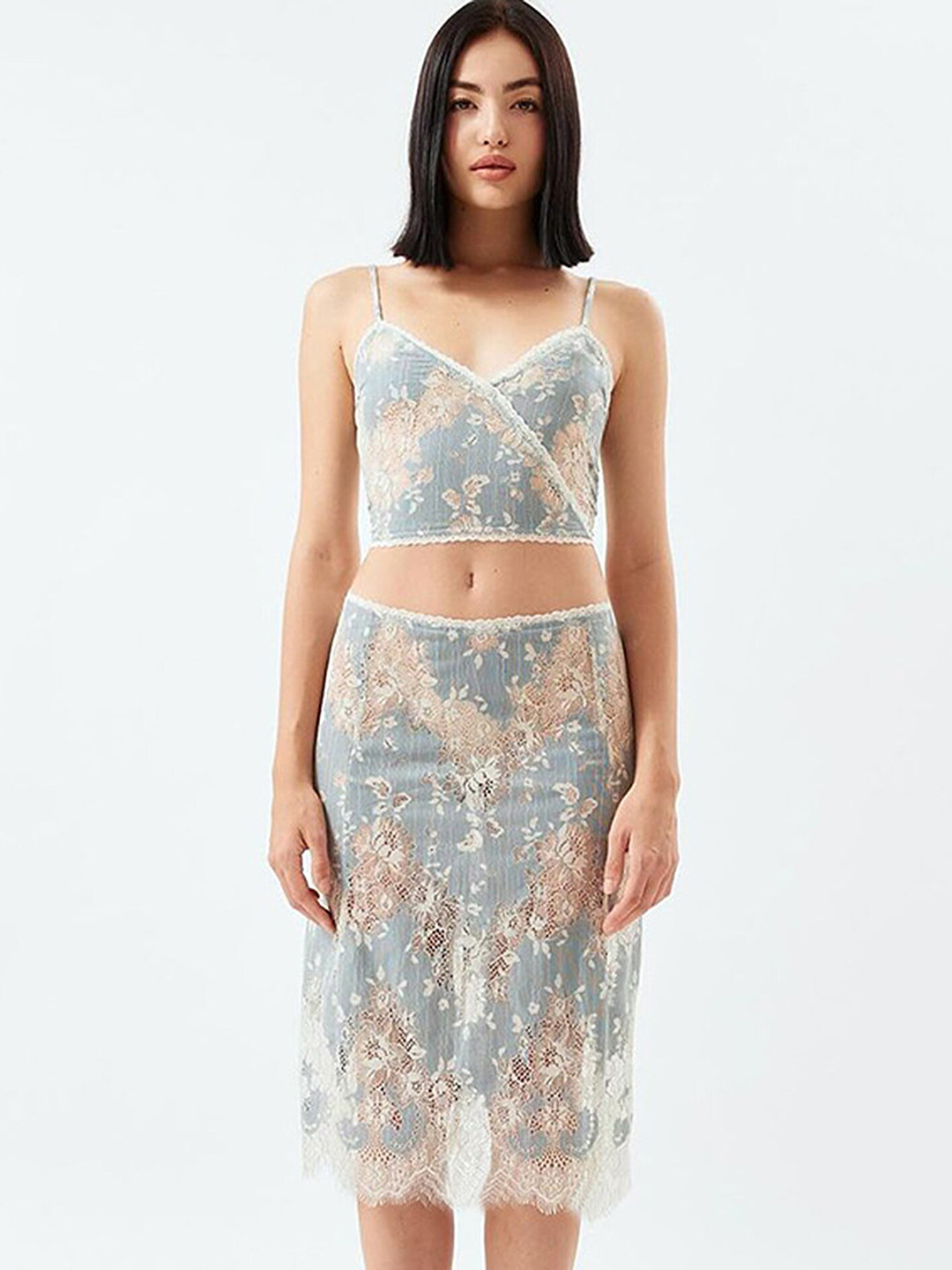 LULU & SKY Blue Floral Lace V-Neck Top & Midi Skirt Set