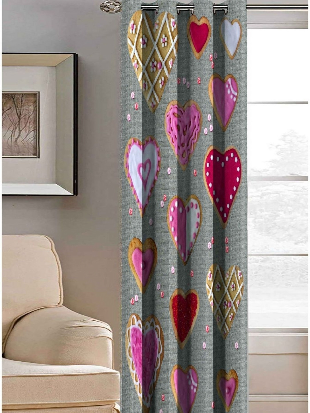 Aura Grey & Red Heart Cake Printed Light Blocking Door Curtain