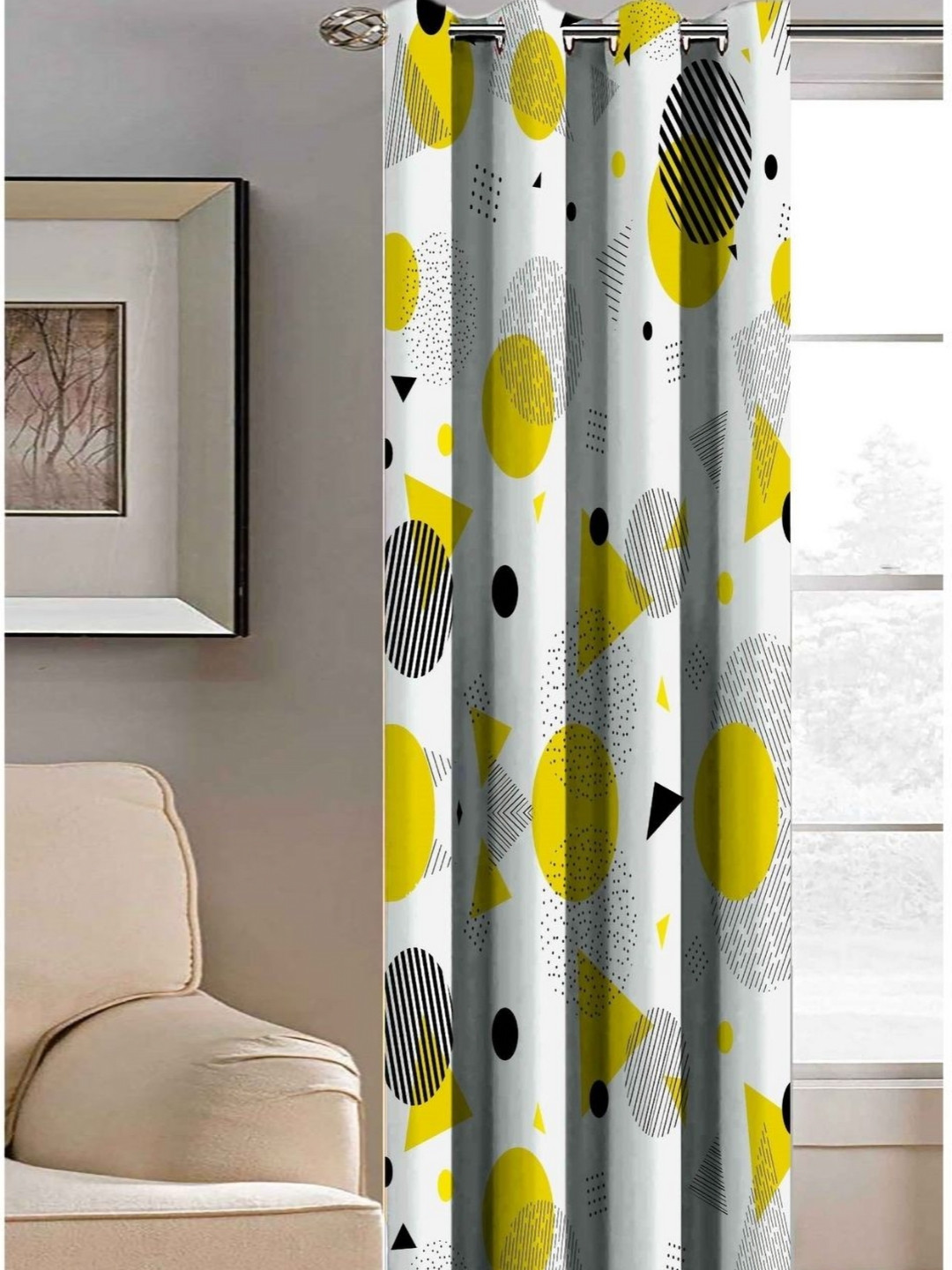 Aura White & Black Geometric Printed Light Blocking Door Curtain