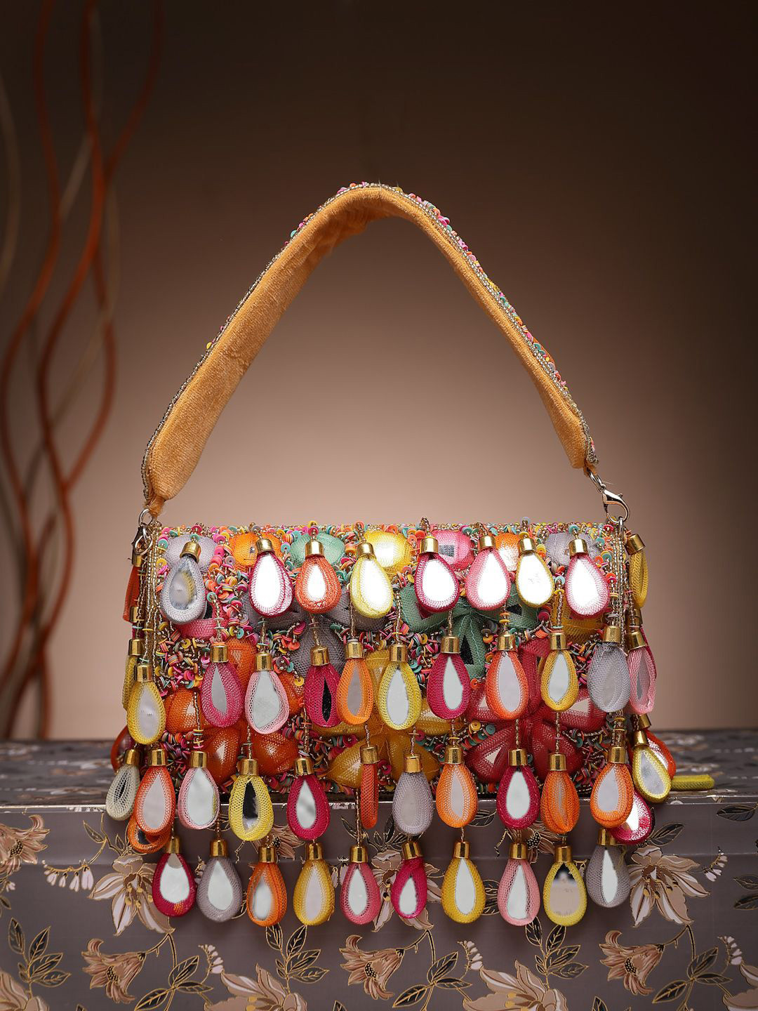 Anekaant Tipify Camel & Multi Mirror Work Embellished Velvet Clutch