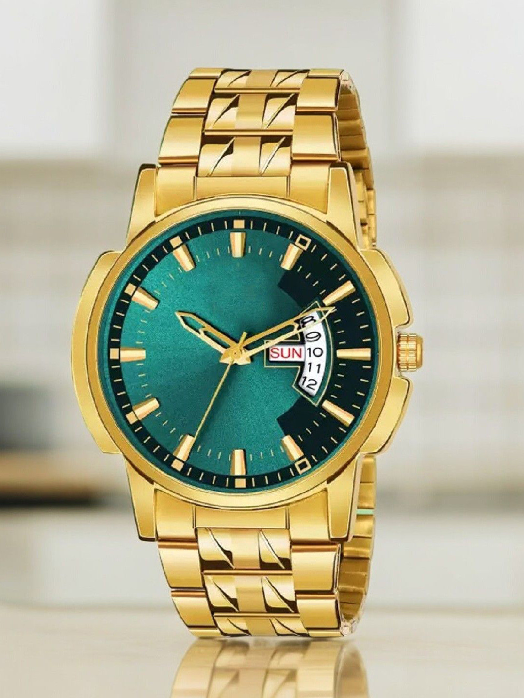SZN Men Patterned Dial & Stainless Steel Straps Analogue Watch DD Gold GreenSZN