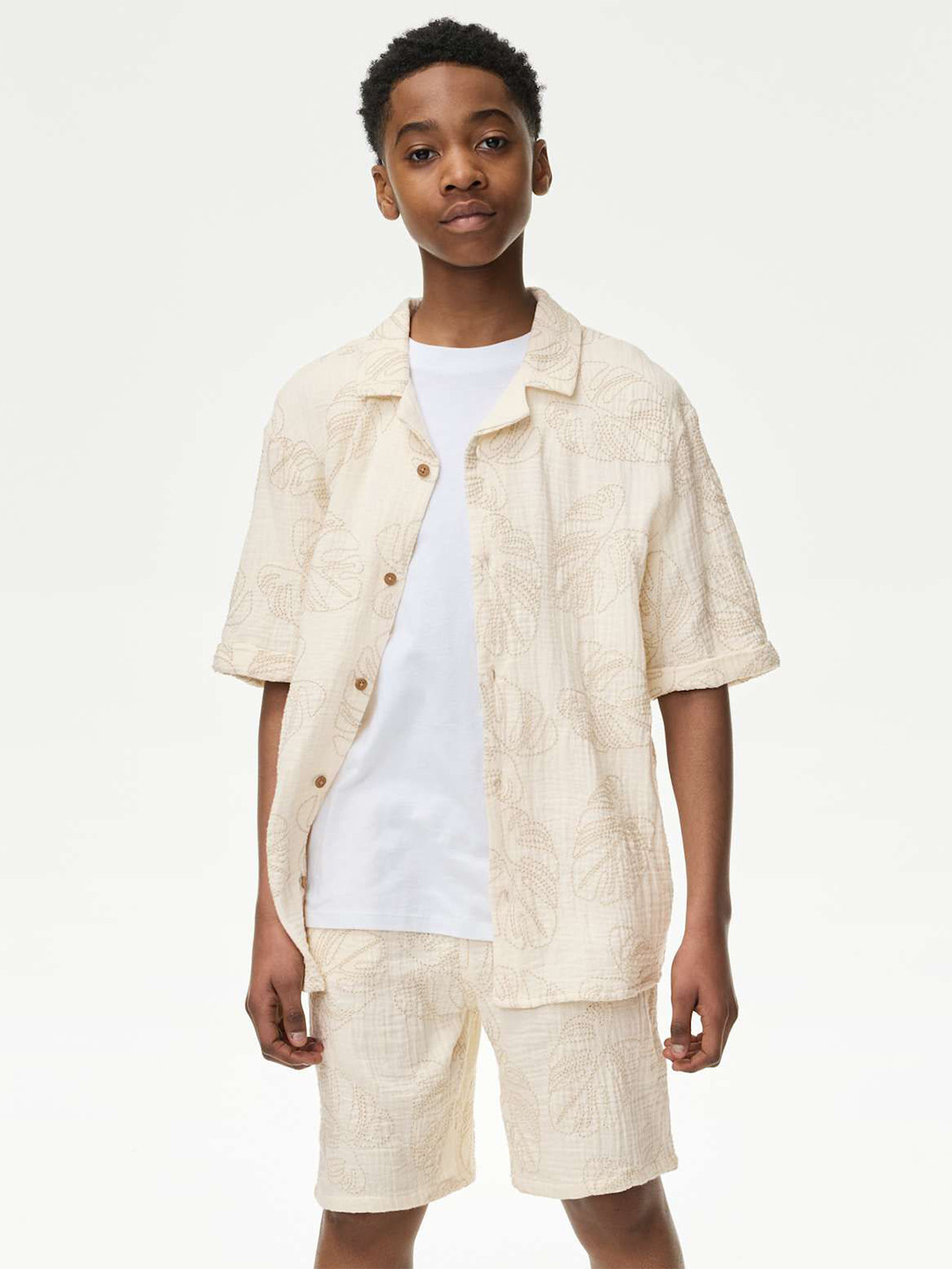 Marks & Spencer Boys Floral Embroidered Short Sleeves Cotton Shirt