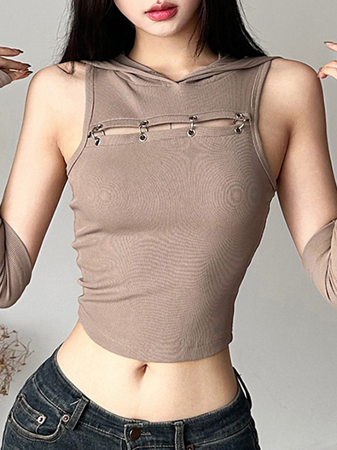 LULU & SKY Ribbed Hooded Cut Out Fitted Crop Top