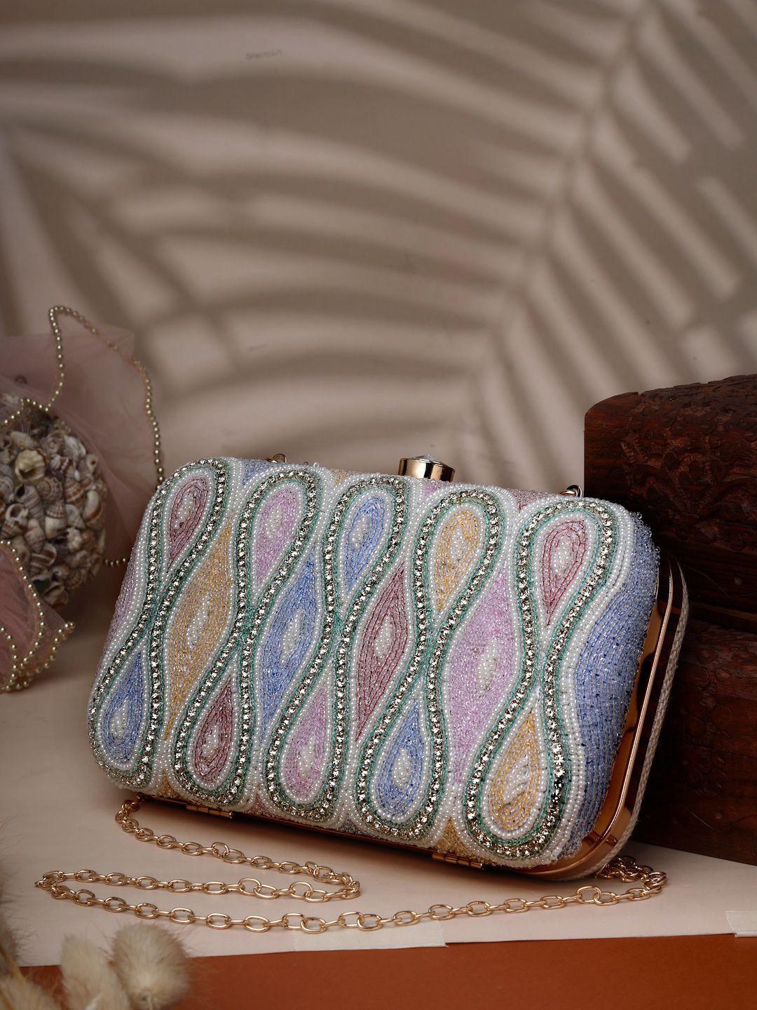 Anekaant Adorn White & Pastel Multi Ogee Embellished Fabric Clutch