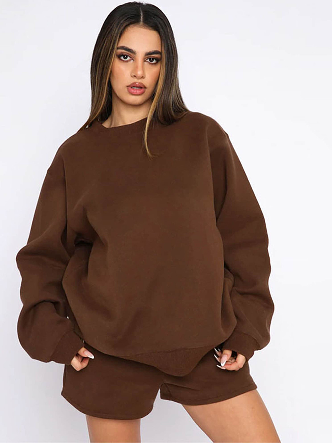 LULU & SKY Relaxed Fit Crew-Neck Sweatshirt with High-Rise Shorts Co-Ords