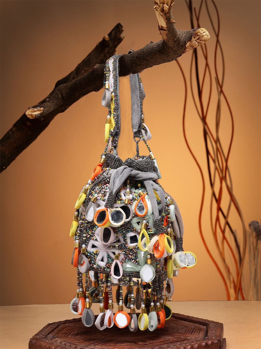 Anekaant Tipify Grey & Multi Mirror Work Embellished Fabric Potli