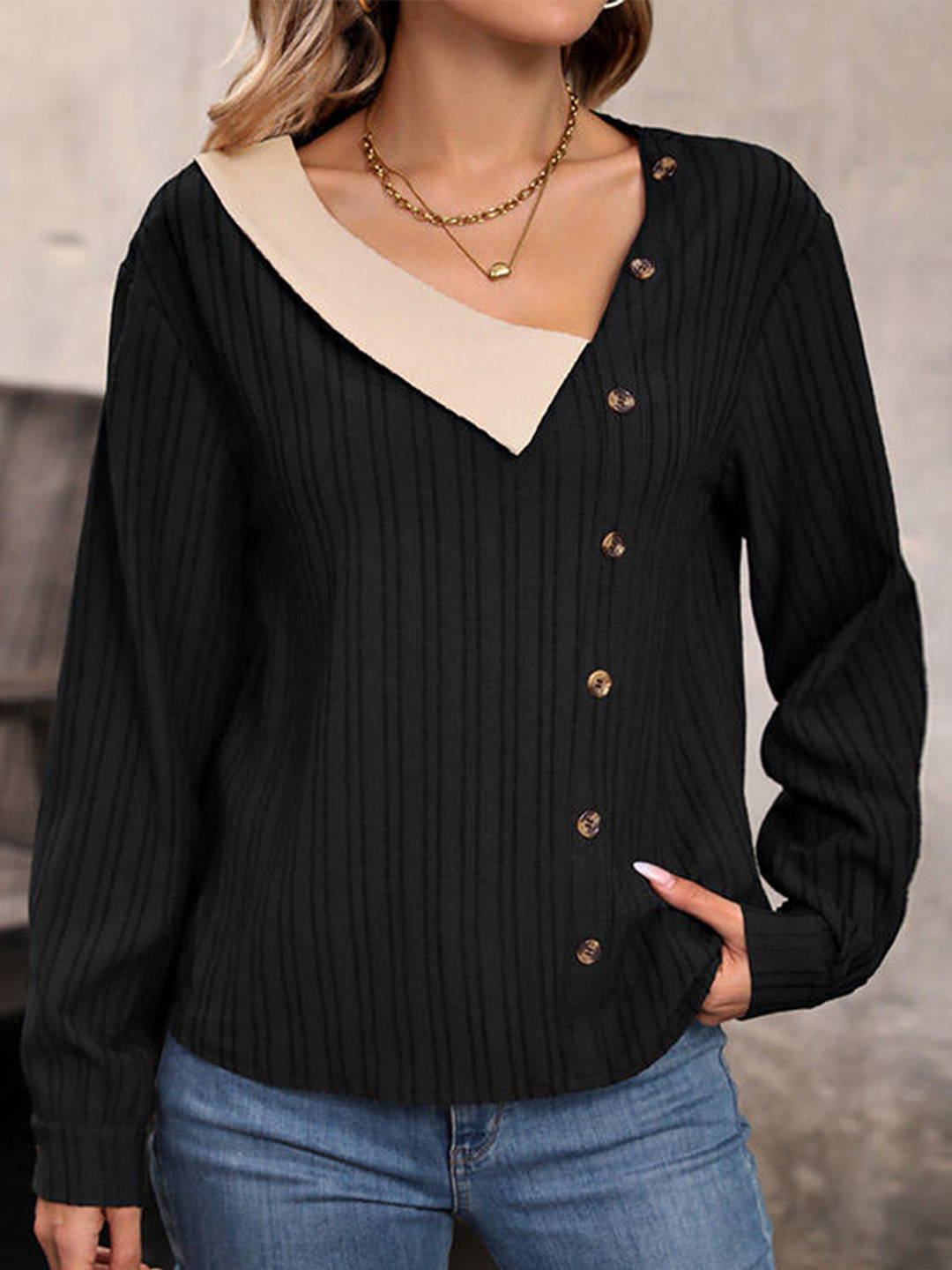 StyleCast Black Striped Long Sleeves Regular Top
