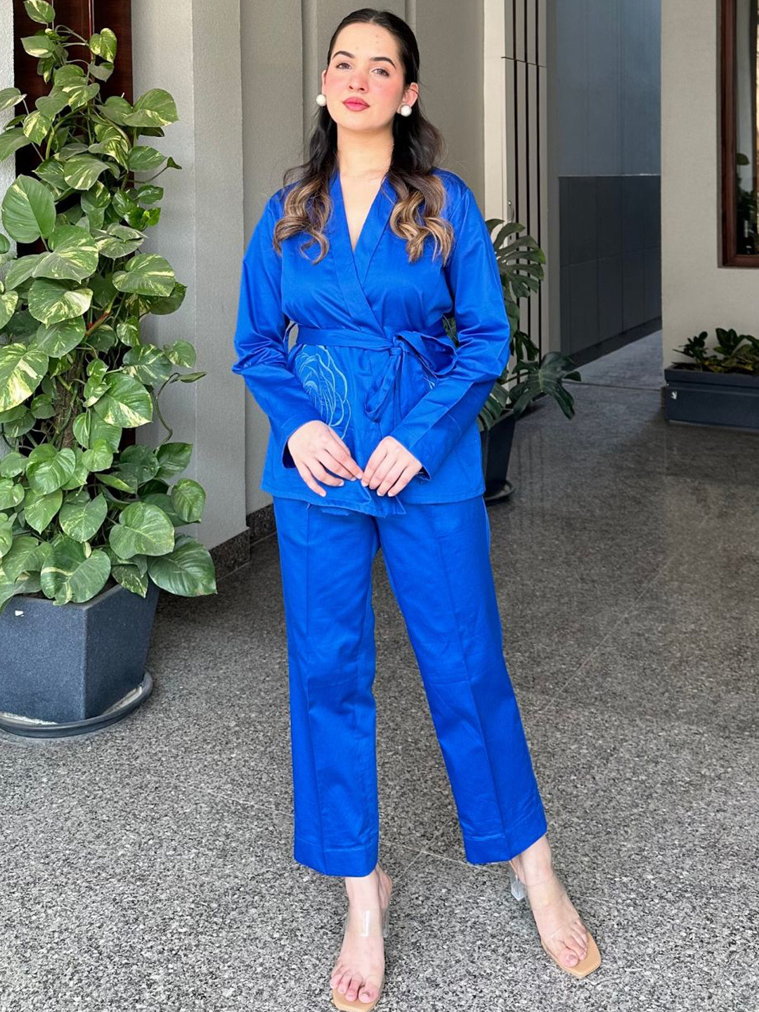 SAADGEE Embroidered Wrap Top With Trousers Co-Ords