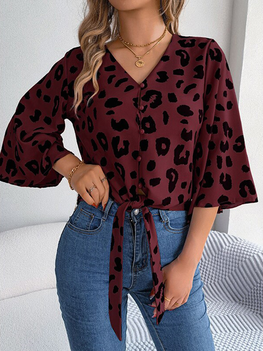 StyleCast Maroon Animal Printed Casual Shirt