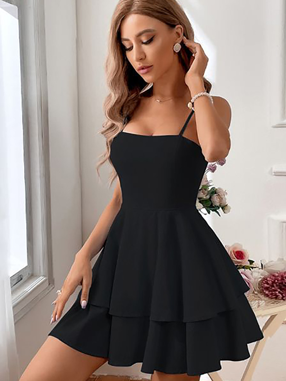 andmary Mary logo flare mini dress black