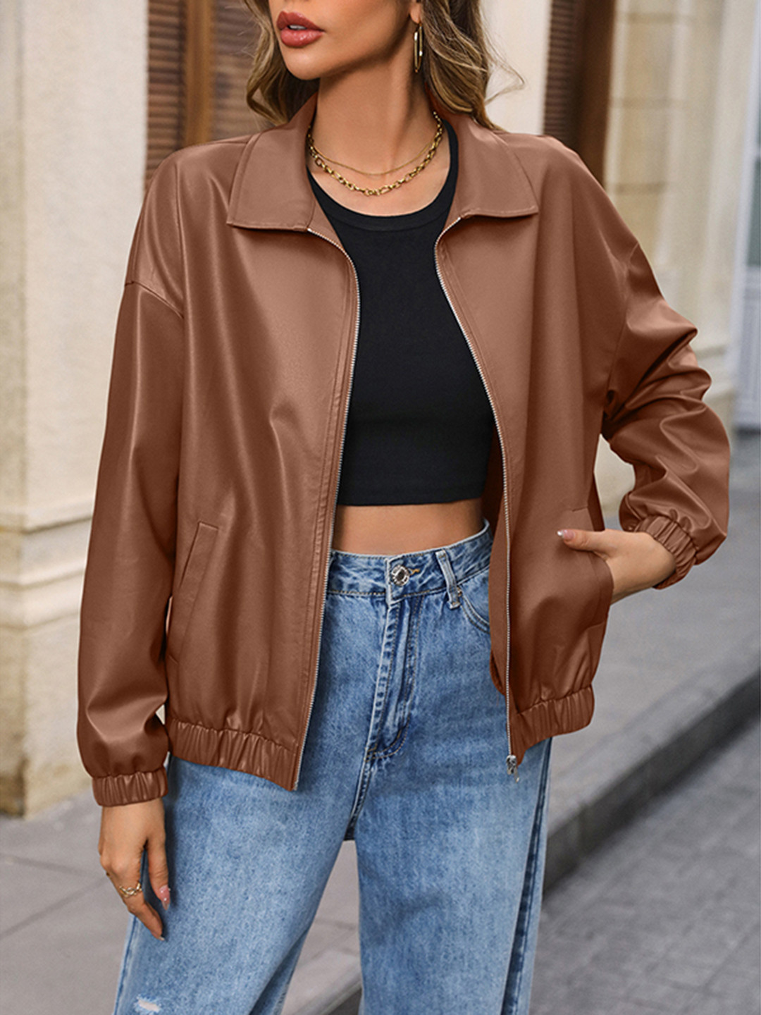 Brown Solid Windcheater Tailored Jacket with Lapel Collar