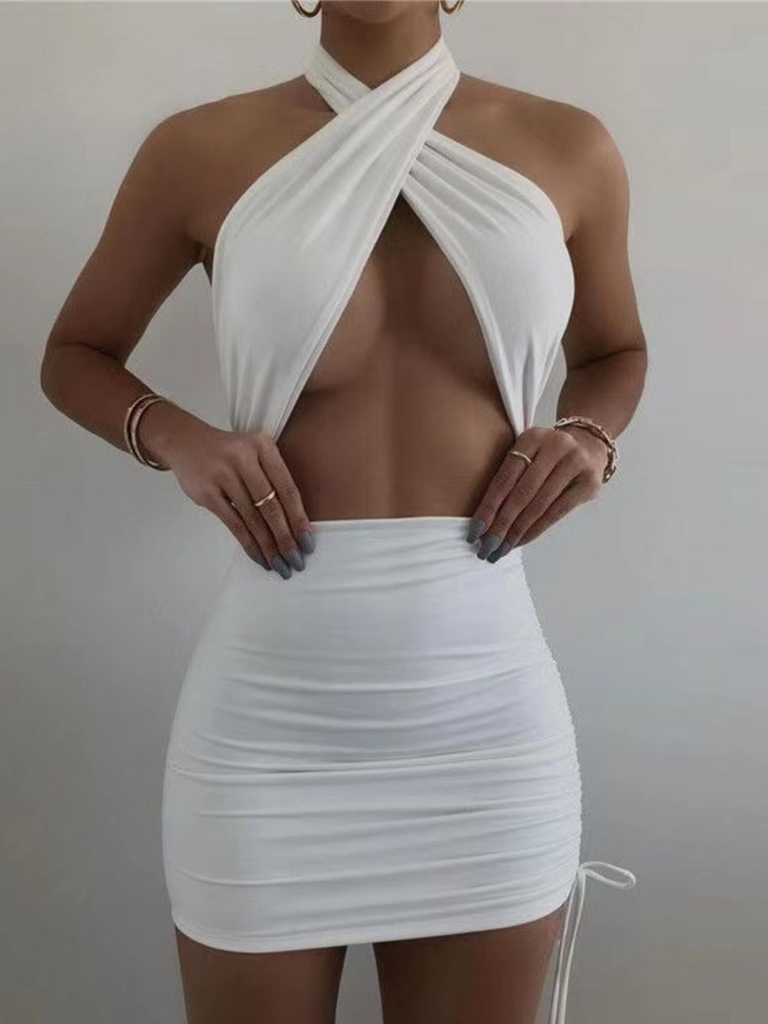 StyleCast White Halter Neck Sleeveless Bodycon Mini Dress