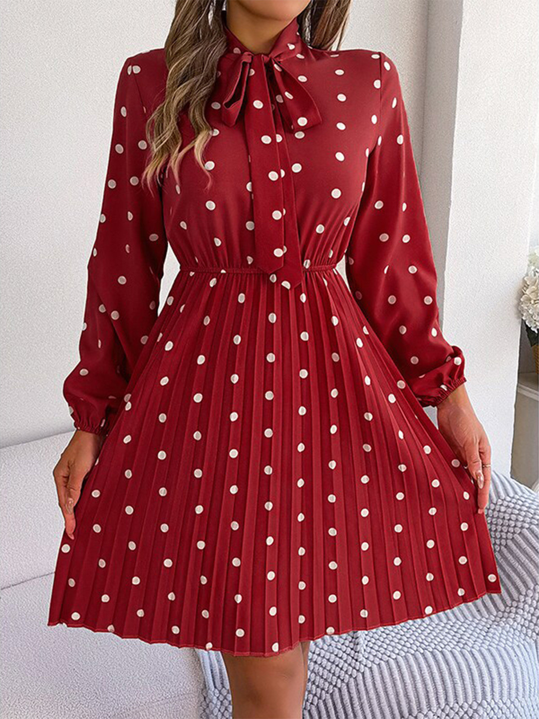 StyleCast Red Polka Dot Printed Tie-Up Neck A-Line Mini Dress