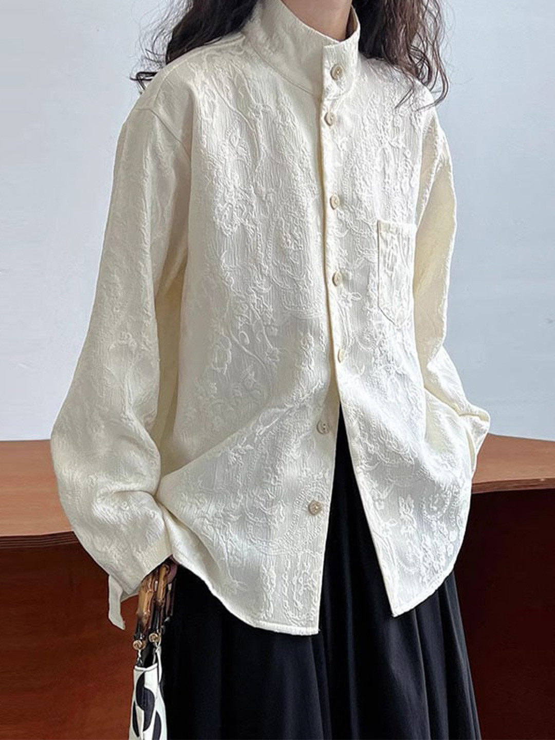StyleCast Off White Textured Self Design Band Collar Cotton Casual Shirt