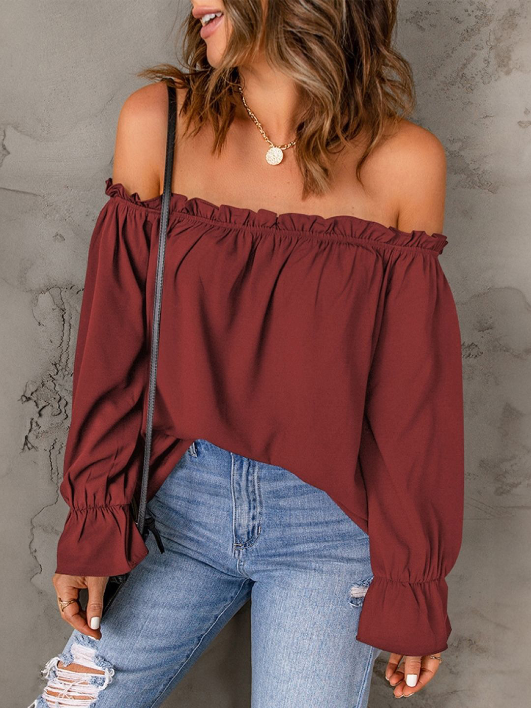 StyleCast Red Off-Shoulder Bell Sleeve Bardot Top