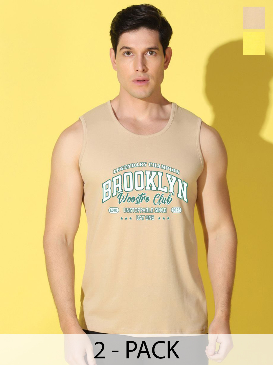 WOOSTRO Pack Of 2 Printed Combed Cotton Gym Vests VWS26(BKLN RUST)(PLAIN YELLOW)