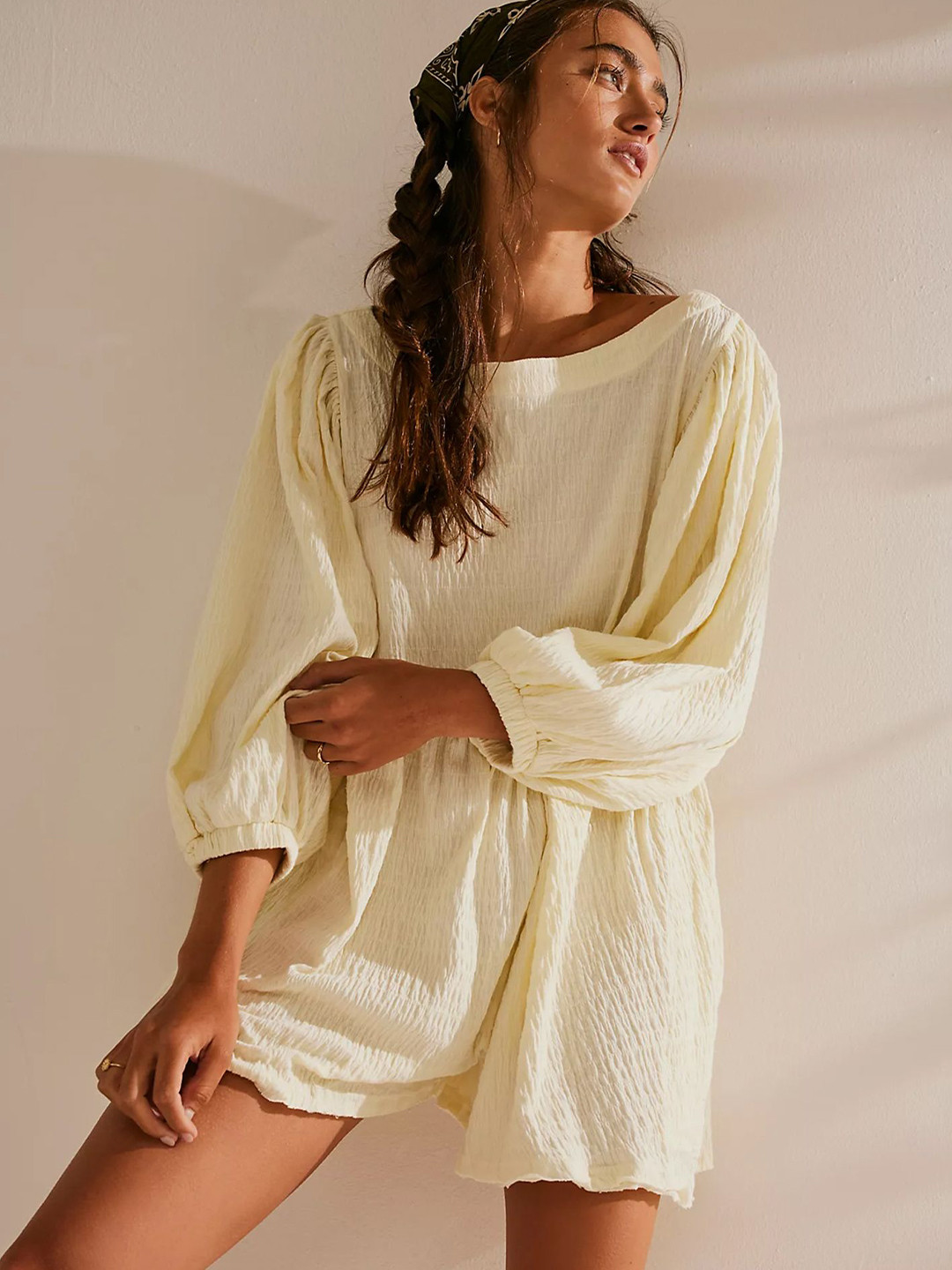 LULU & SKY Textured Self Design Boat Neck Puff Sleeves Loose Fit Playsuit