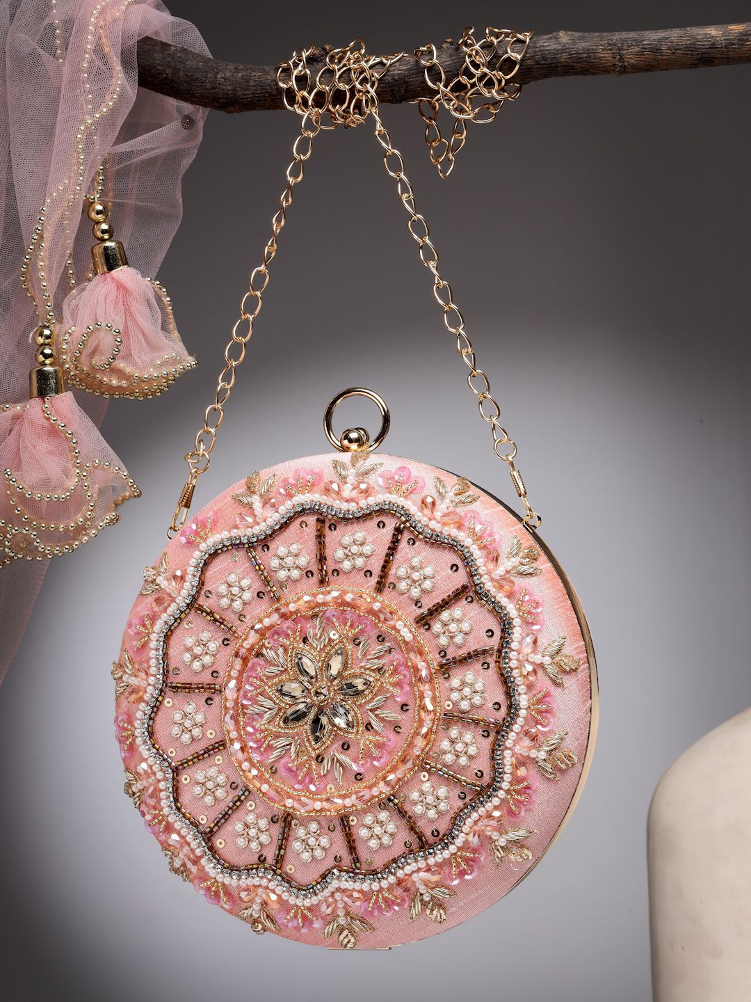 Anekaant Adorn Dusty Coral & Multi Floral Embellished Faux Silk Clutch