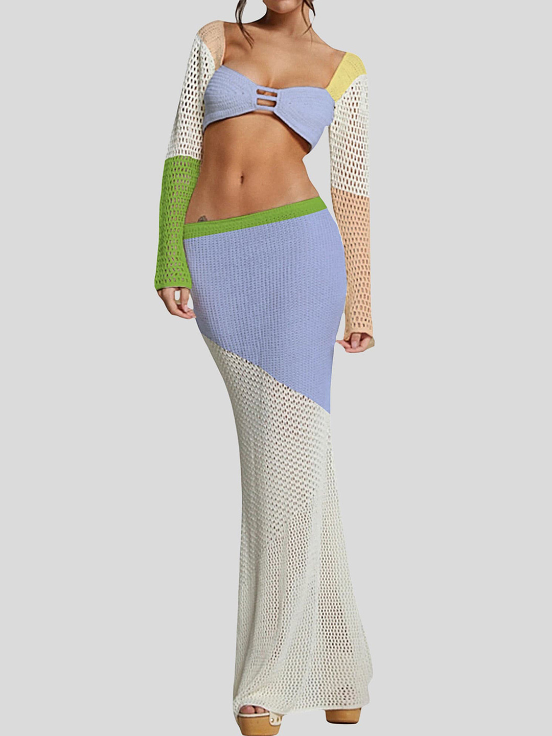 LULU & SKY Colourblocked Crochet Sweetheart Neck Crop Top With Mermaid Maxi Skirt