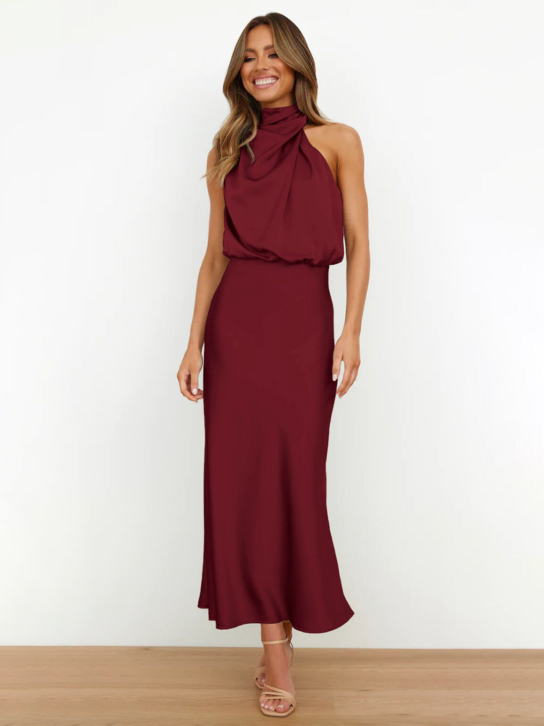 StyleCast Maroon Colour Halter Neck Blouson Dress