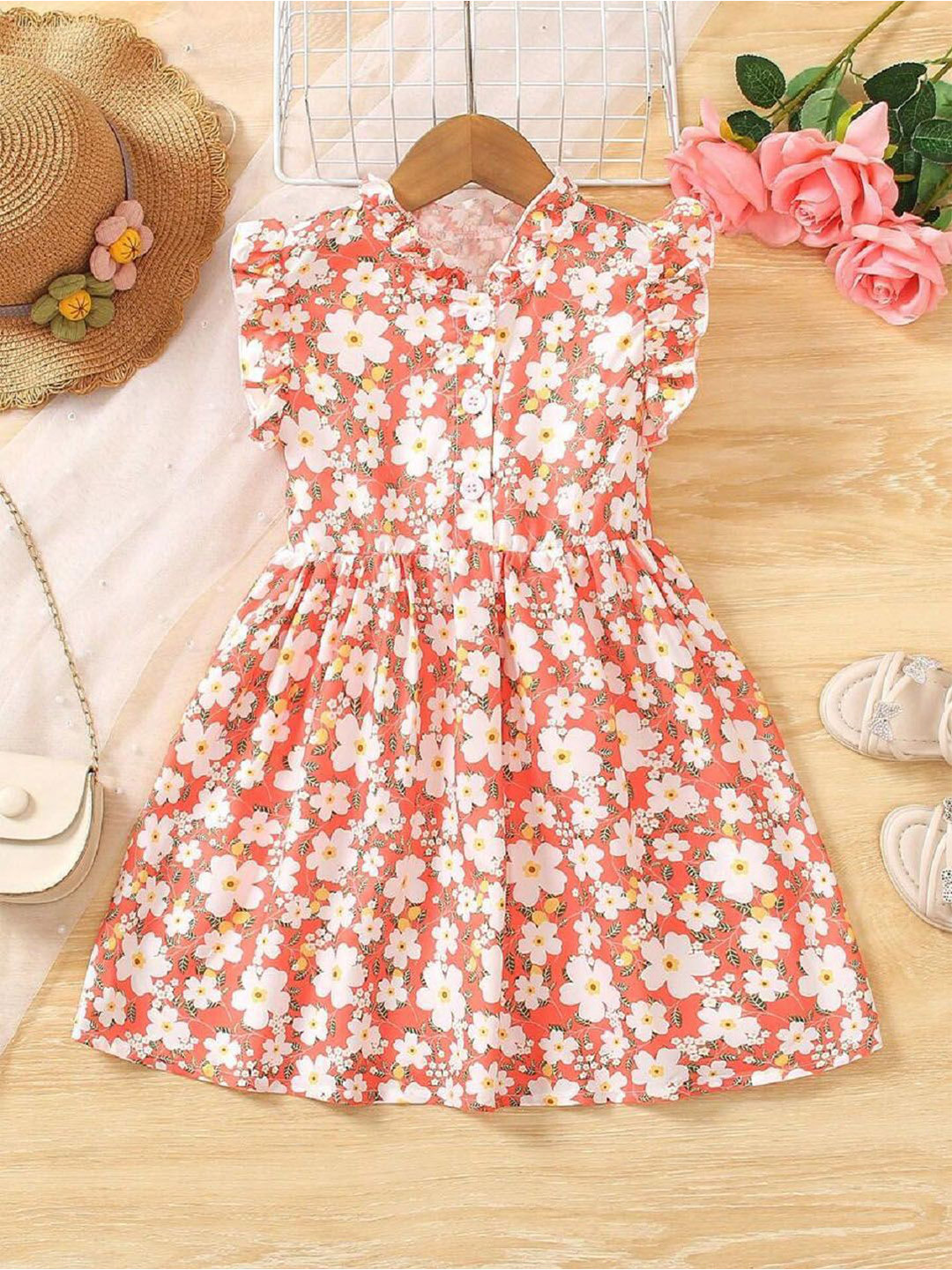 White World Girls Floral Printed Flutter Sleeves Fit & Flare Dress