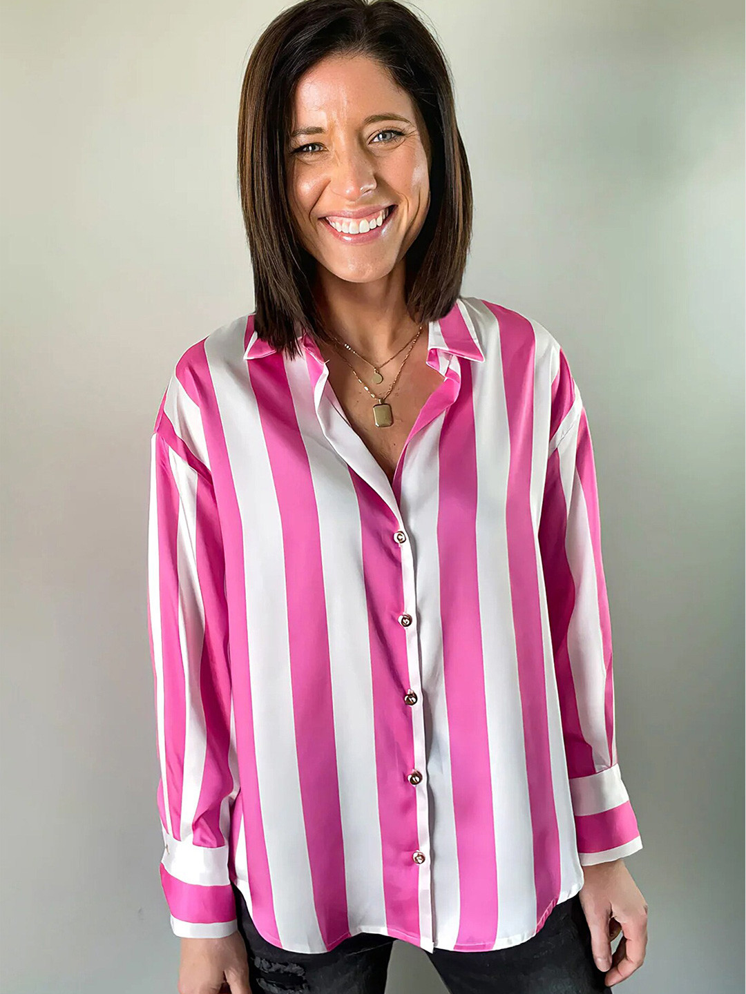 LULU & SKY Vertical Striped Drop Shoulder Sleeves Casual Oversized Shirt