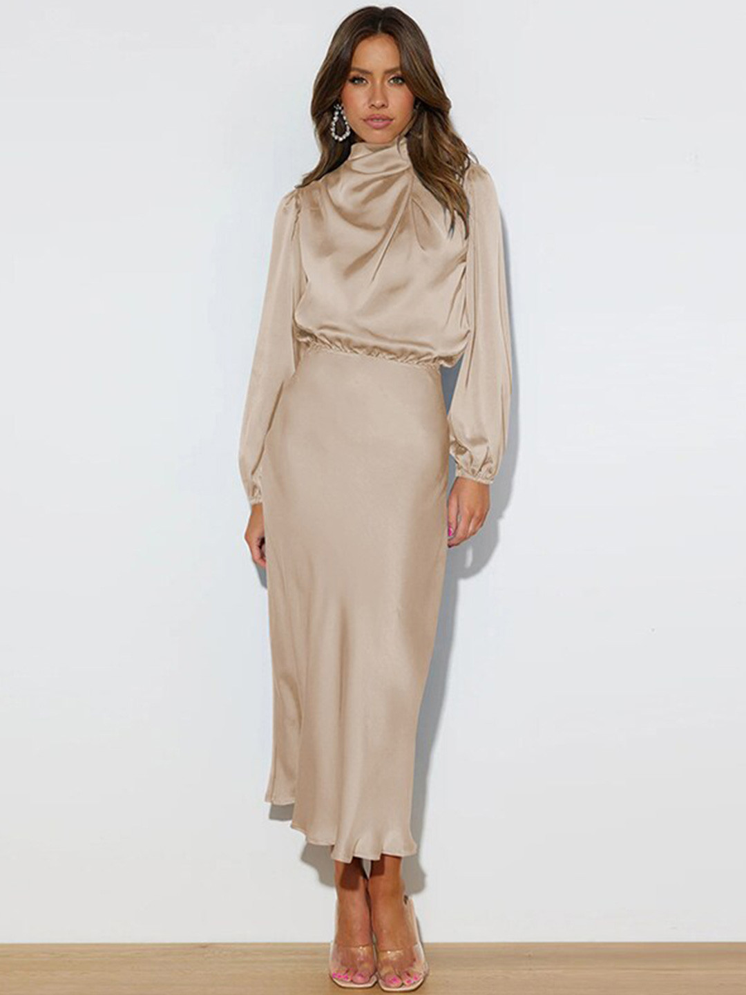 StyleCast Beige High Neck Puffed Sleeves Blouson Maxi Dress