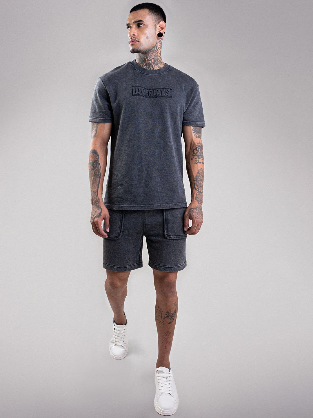 Overlays Men Cotton Black Distressed Shorts