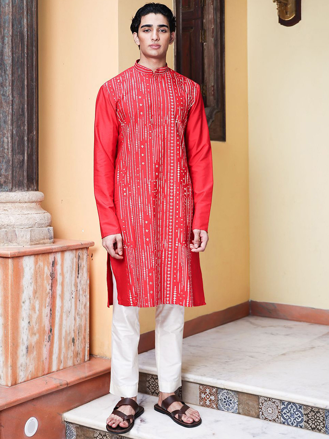 PATR Men Striped Embroidered Kurta with Pyjama