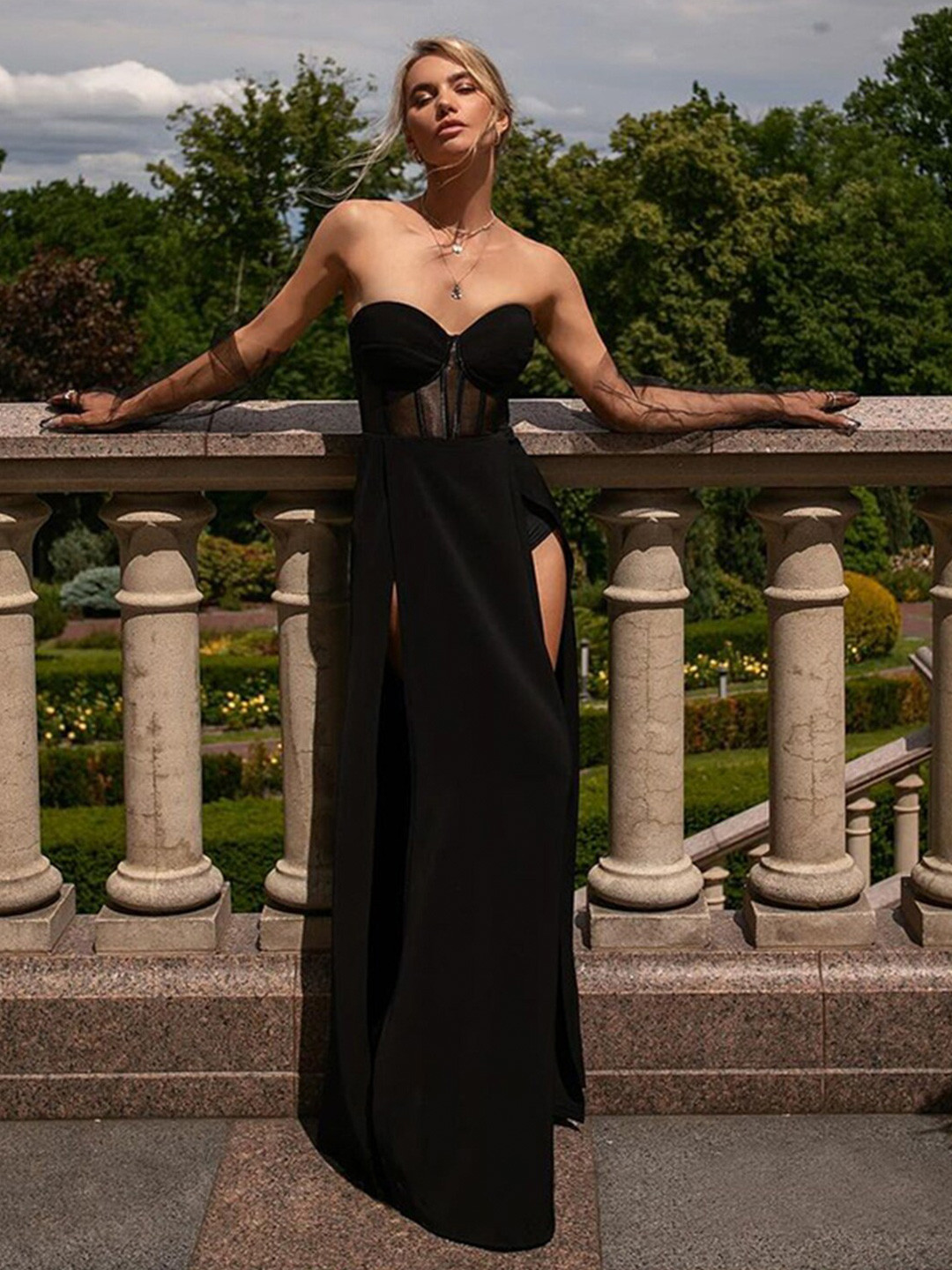 StyleCast Black Strapless Semi Sheer Maxi Dress
